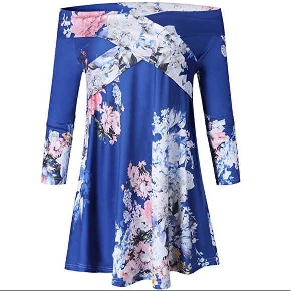 Blue Off Shoulders Floral Print Wrap Tunic Blouse - Picture 4 of 5